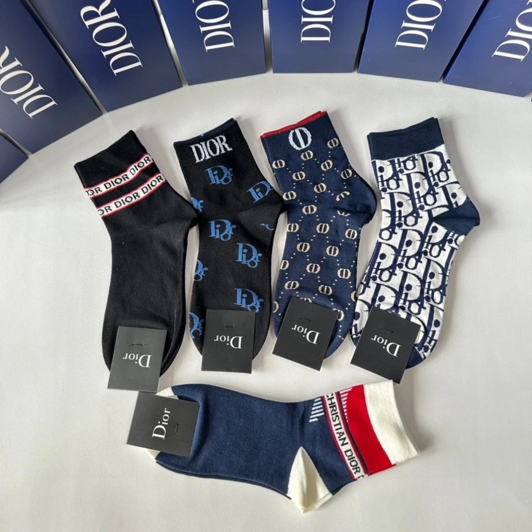 Dior Sock 【Five Pairs Per Box】Classic Letters logo Stacked Socks Breathable Fashion25ss New Cotton Socks Thin Business Sports Casual Spring Summer Autumn Versatile Deodorant Sweat-Absorbing