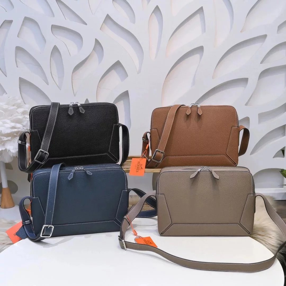 Hermes men's bag Top version Genuine Goods Grade New Classic Men's Fashion Crossbody Bag Men's Casual Shoulder Bag Men's Bag First Layer Cowhide Handbag Khaki Full Leather Black Canvas Handmade Big Bag
