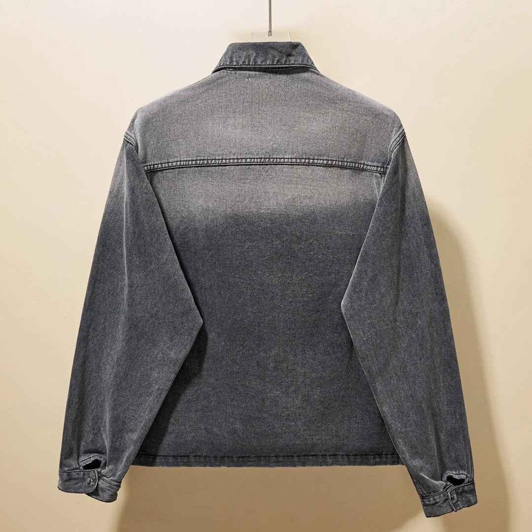 PRADA Jackets Vintage Washed Gray Denim Jacket for Men and Women, Unisex Versatile Casual Jacket