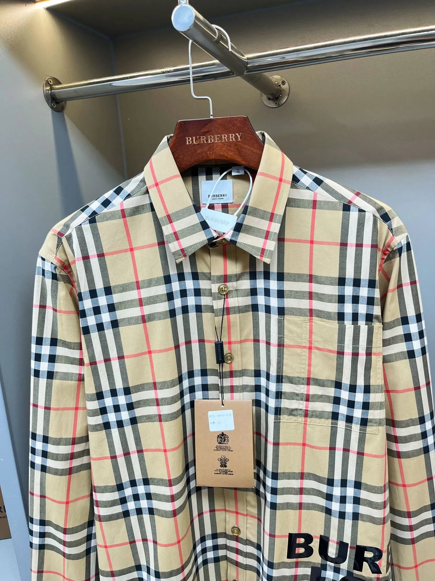 Burberry Shirt Logo Print Classic Plaid Cotton Long Sleeve Shirt Unisex Jacket Classic Beige