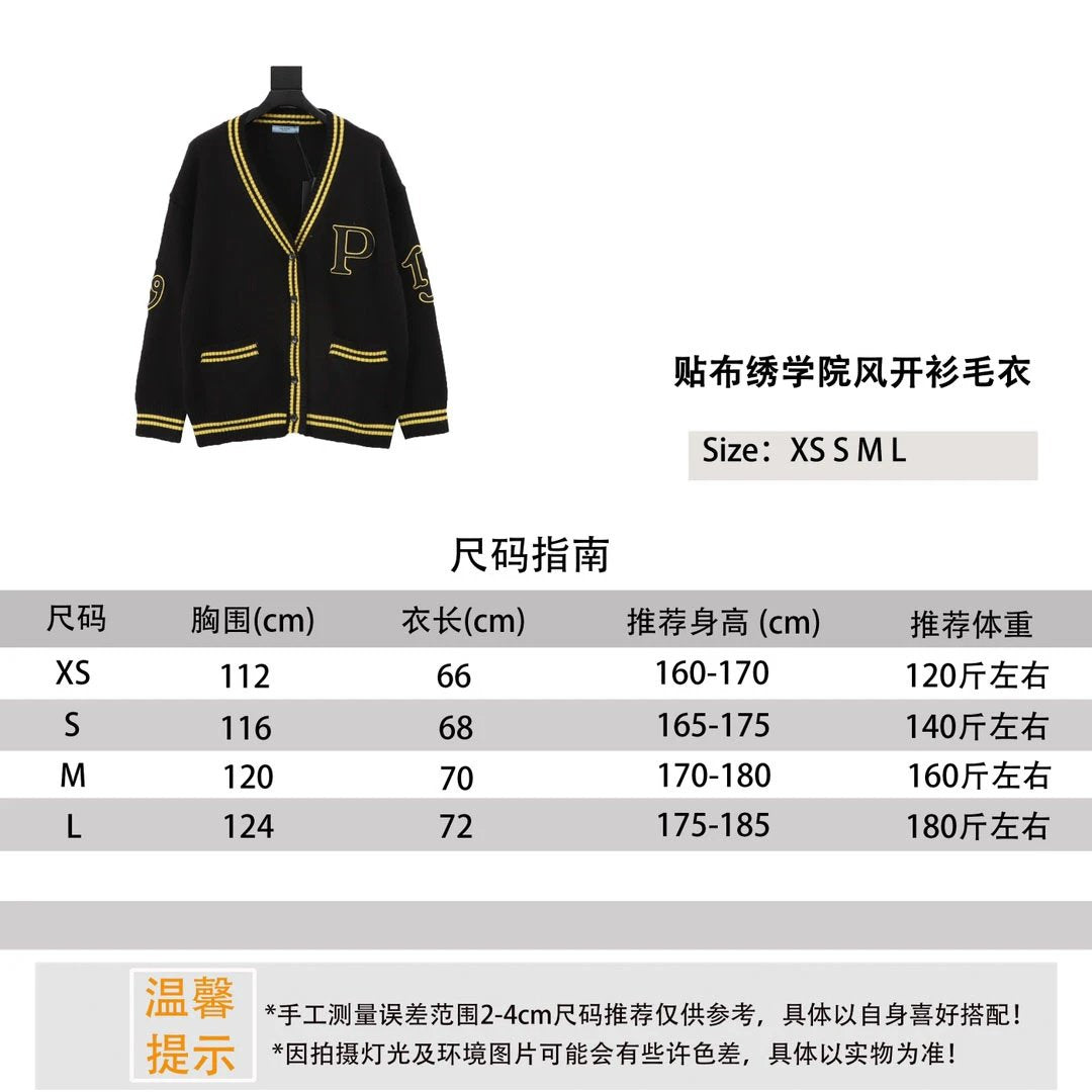 PRADA Sweater Affixed Cloth Embroidered College Style Cardigan Sweater for Men and Women