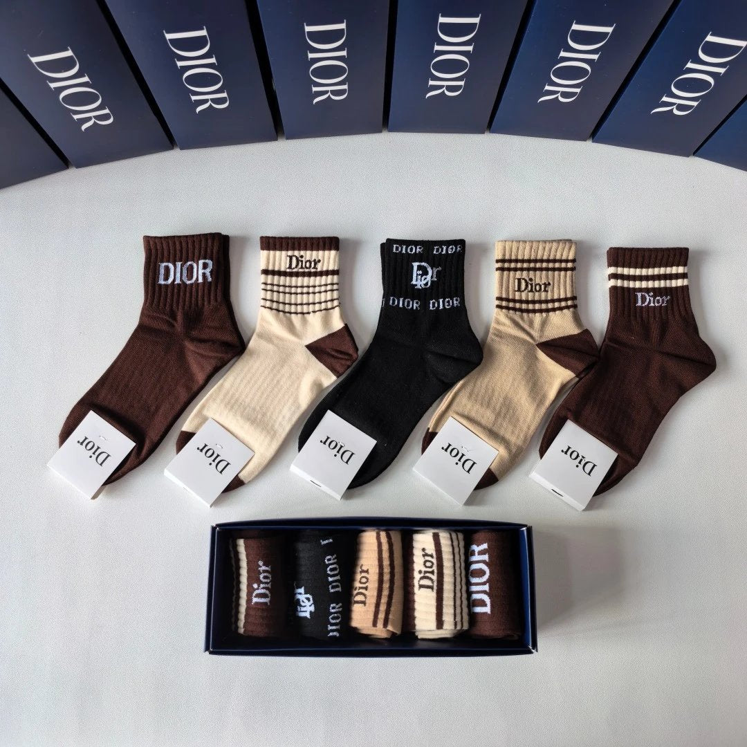 Dior Sock 【Five Pairs Per Box】Classic Letters logo Pure Cotton Mid-Calf Slouch Socks Breathable Fashionable25ss New Cotton Socks Spring Summer Autumn Sports Casual Versatile Business Thin Deodorant Sweat-Absorbing