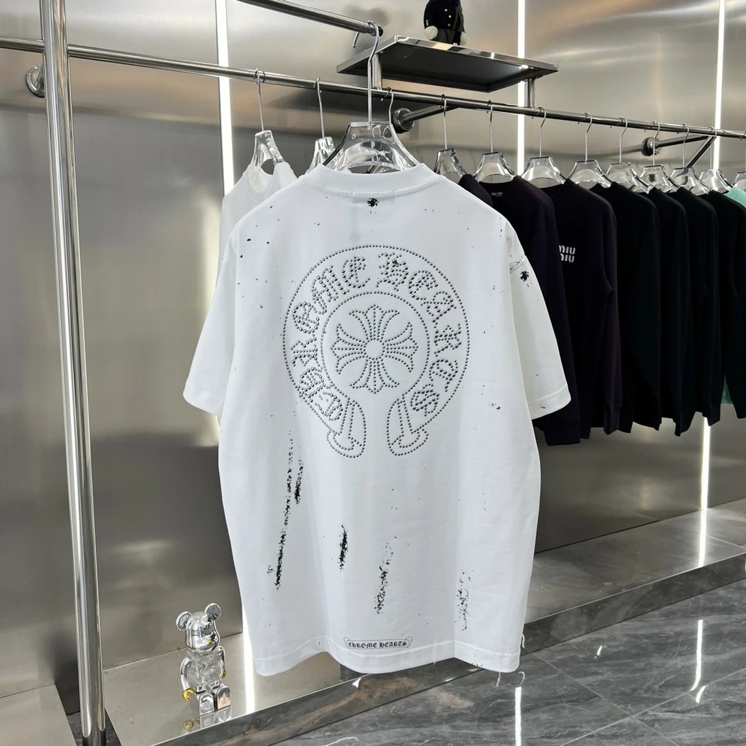Chrome Hearts T-shirt Horseshoe Rhinestone logo Round Neck Short Sleeve Pure Cotton Unisex T T-shirt OS Loose Fit T-Shirt Casual Simple Base Shirt