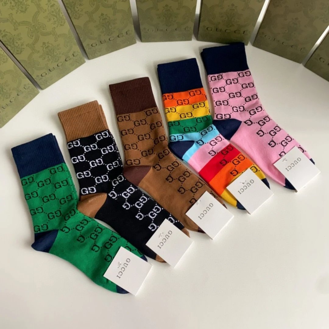Gucci Sock 【Five Pairs Per Box】Full Jacquard Print logo Pure Cotton Mid-Calf Slouch Socks Breathable Fashionable25ss New Cotton Socks Spring Summer Autumn Sports Casual Versatile Business Thin Deodorant Sweat-Absorbing