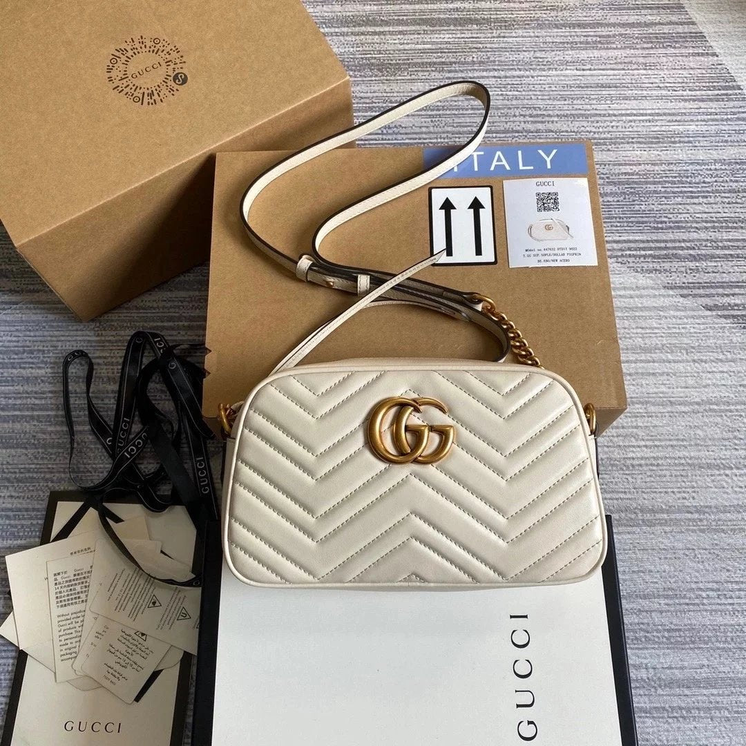 Gucci Women's Bag Top version 【 **Original Leather】Classic Ma Meng Camera Bag Marmont Series Camera Bag Crossbody Bag Large Small Size Size2023New Color Black Hardware Chain Shoulder Bag Large24cm Small Size18cm44763263493644806