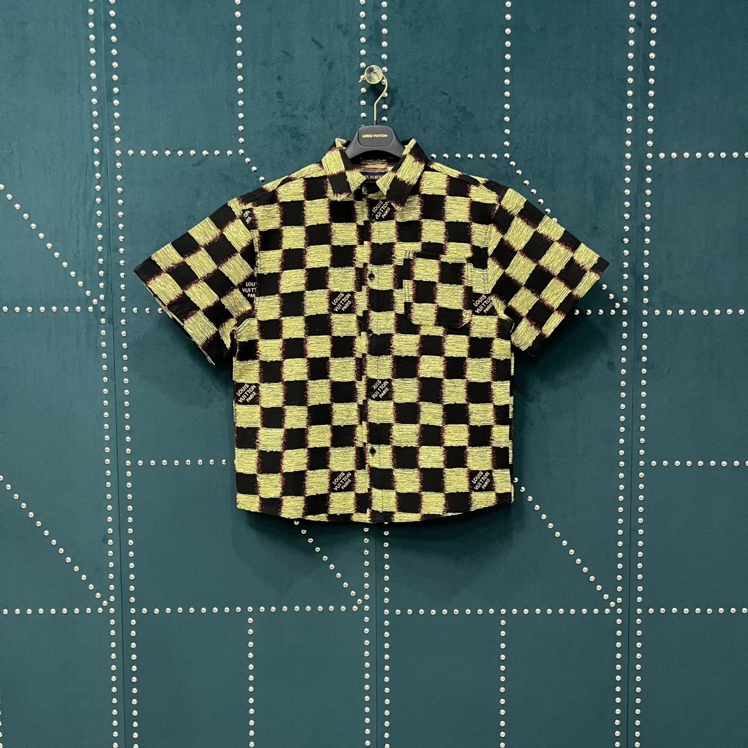 Louis Vuitton LV Shirt Allover Neon Checkerboard Print logo Saga Turn-down Collar Short Sleeve Shirt Versatile Casual Business Unisex Slim Fit Jacket