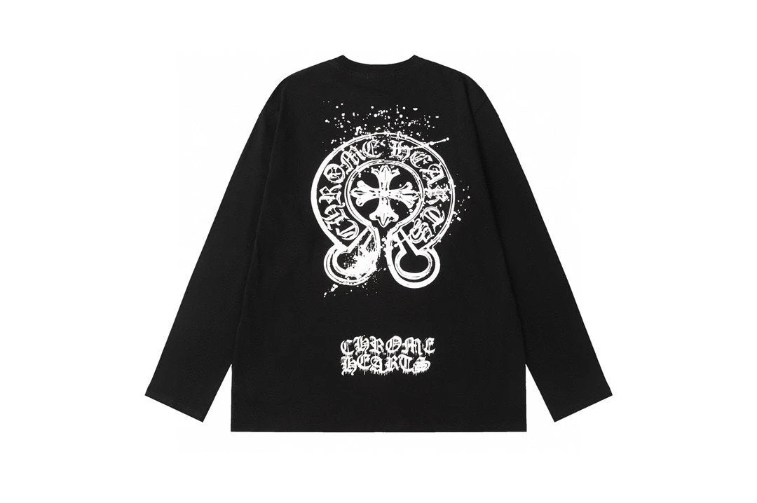 Chrome Hearts Hoodie Washed Black Cross Ink Splash Crewneck Sweatshirt Long Sleeve Base Shirt Outerwear Trendy Unisex Sports Casual Loose Fit Versatile Autumn Winter New Arrival