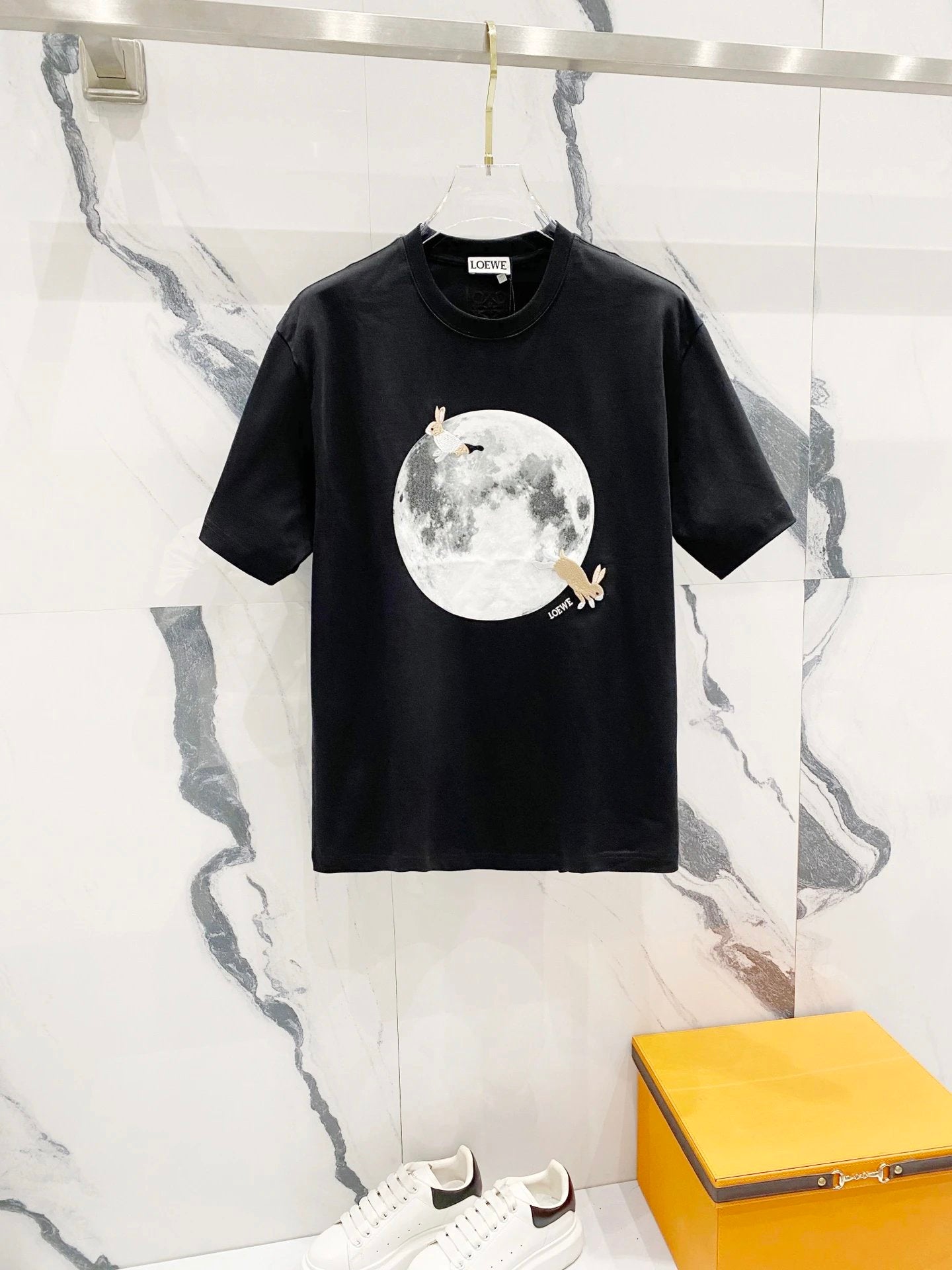 LOEWE T-shirt Chest Print Moon with Double Bunny Embroidery logo round Neck Short Sleeve25ss New Pure Cotton Unisex Style T Casual T-Shirt Base Layer Shirt OS Loose Fit Half Sleeve Top Plus Size