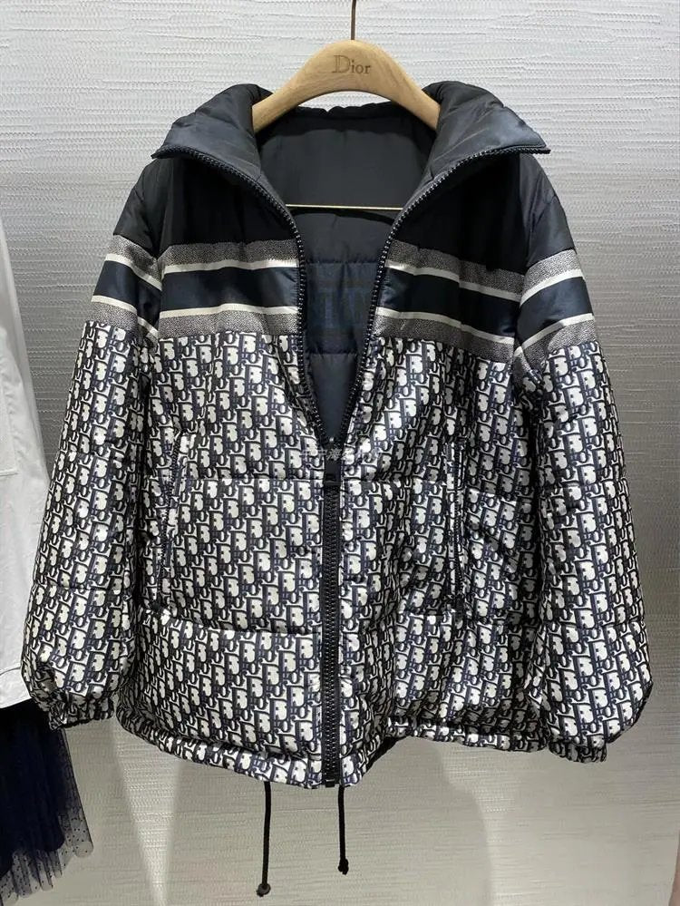 Dior Clothing New Dark Pattern Presbyopic over Printed Letters logo Hooded down Jacket Stand-up Collar Cotton-Padded Coat Coat