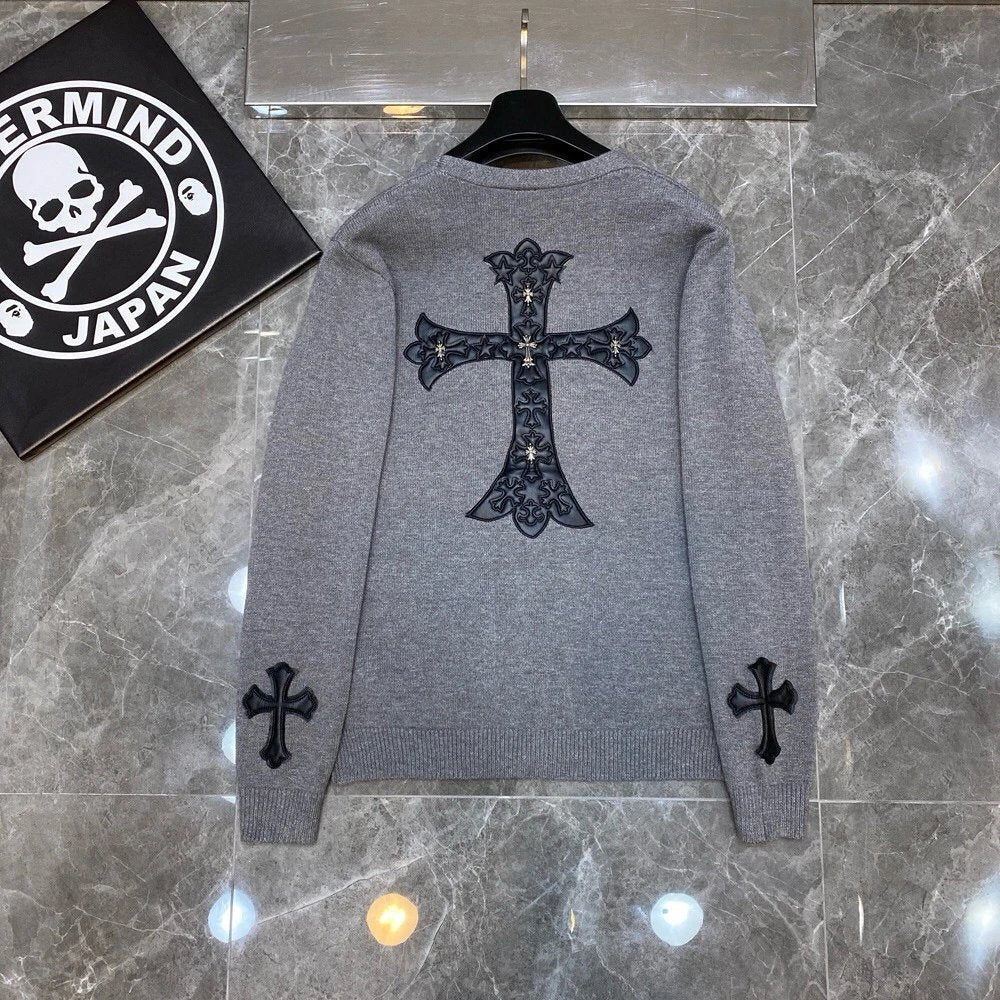 Chrome Hearts Sweater Top Version Fashion Brand V Collar Genuine Leather Cross Cardigan Sweater Men's Woolen Sweater All-Match Casual Couple Style