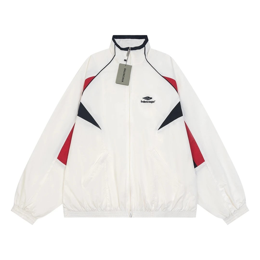 Balenciaga Jackets Matching Pants70Catwalk Style3B White and Red Paris Patchwork Sports Uniform Trench Coat Jacket Casual Loose Versatile Cardigan Unisex os Version24ss Autumn and Winter New Products