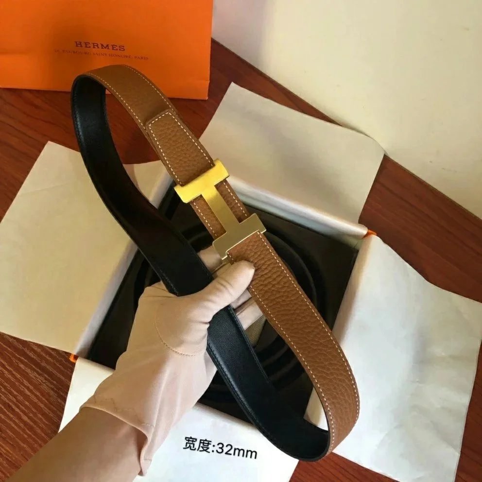 Hermes Belt Top version Men's Leather Belt Genuine Leather Casual Versatile Business Casual Belt Litchi Grain Cowhide Double-Sided Belt3.2cm