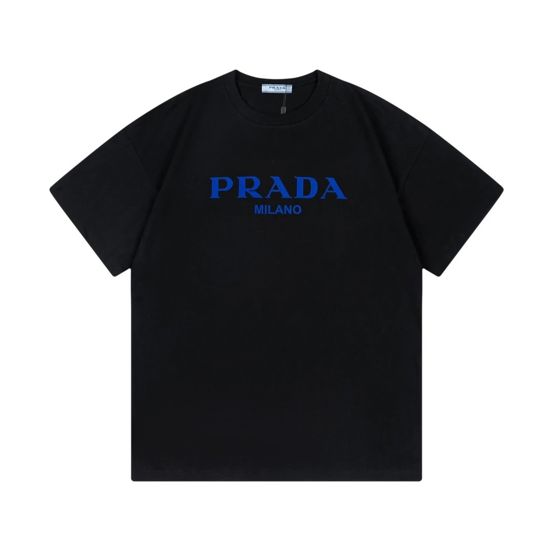 PRADA T-shirt Flocked Foam Blue Letters logo round Neck Short Sleeve25ss New Pure Cotton Unisex Style T Casual T-Shirt Base Layer Shirt OS Loose design