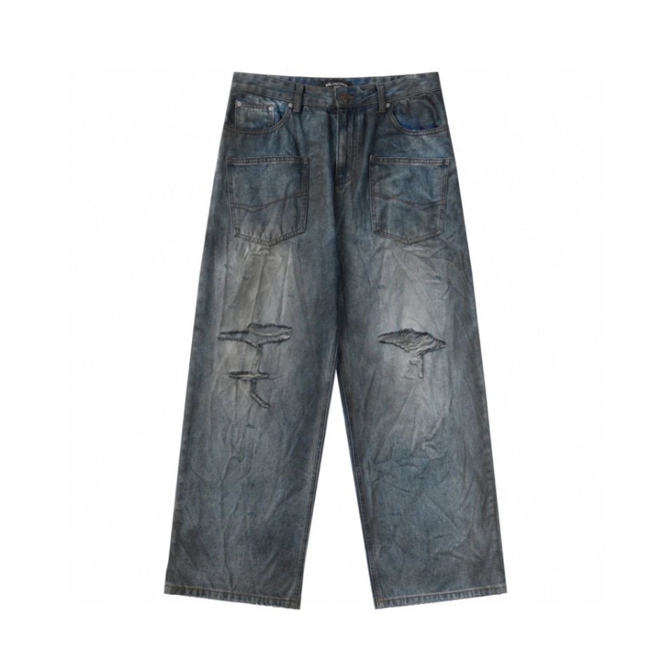 Balenciaga Jeans Hot-Selling Blue Washed Heavy-Duty Spray-Dyed Straight-Leg Jeans Autumn Winter New Unisex Loose Casual Wide-Leg High-Waist Pants