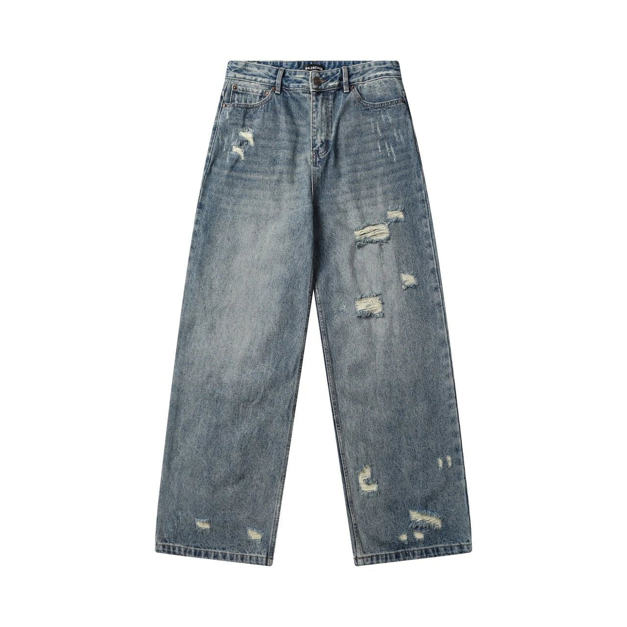 Balenciaga Jeans Ripped Full Distressed Wide-Leg Loose Casual Denim Pants Straight-Leg Wide-Leg Pants Unisex24ss Autumn and Winter New Products