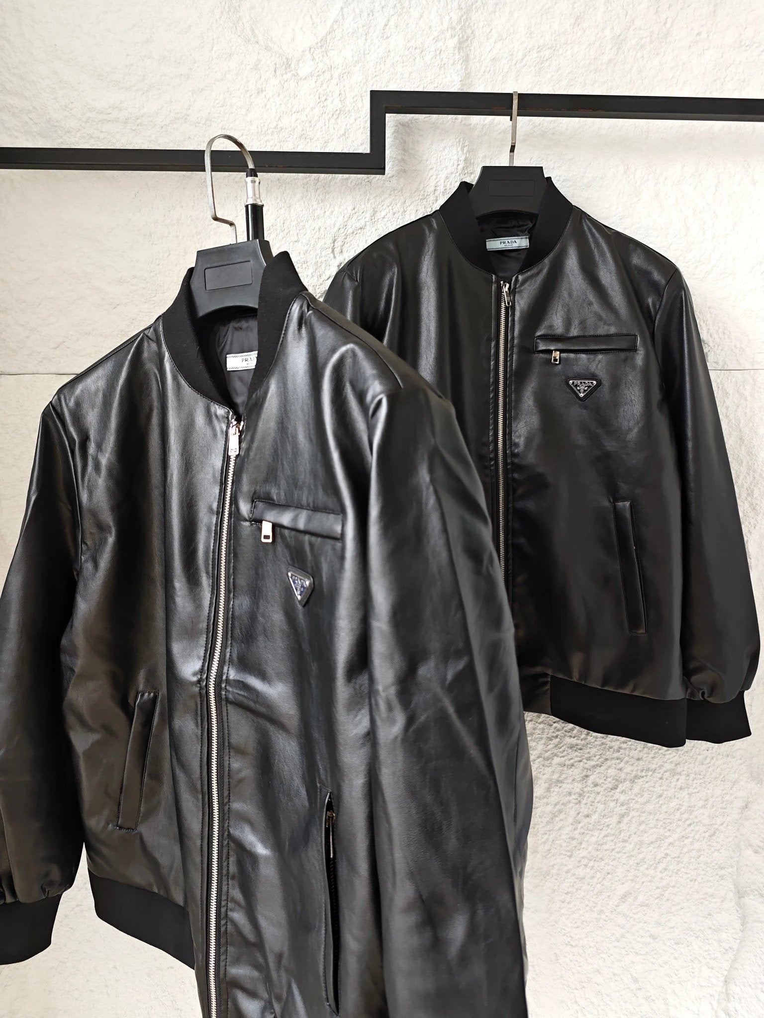 PRADA Jackets Leather Motorcycle Jacket Triangle Logo Leather Flight Jacket Light Luxury Y2K Style Unisex Jacket