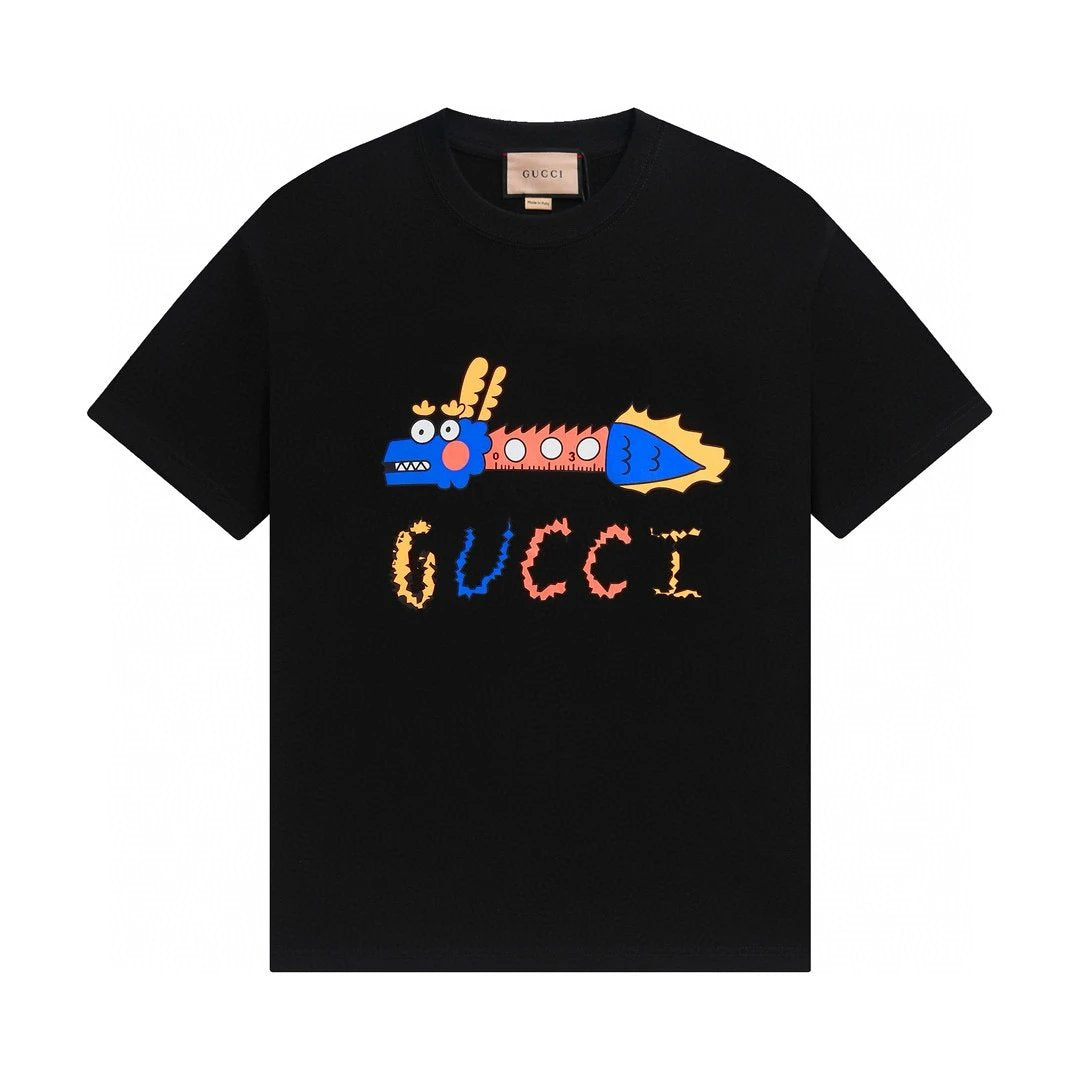 Gucci T-shirt Cartoon Dragon Print on the Chest logo round Neck Short Sleeve25ss New Pure Cotton Unisex Style T T-shirt OS Loose Fit Base Shirt Half Sleeve T-Shirt Top Half Sleeve