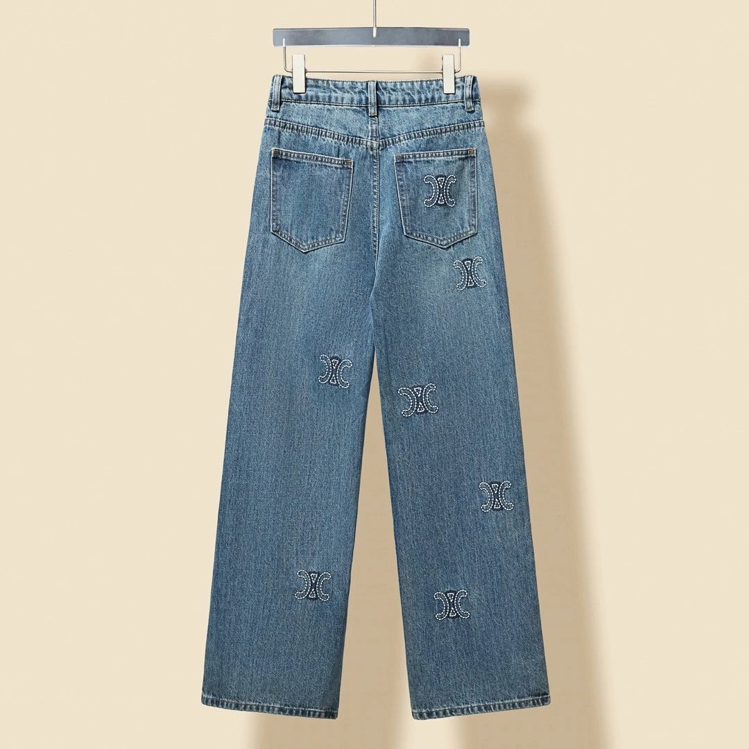 Celine Jeans Embroidered Denim Straight-Leg Pants for Women Versatile Casual