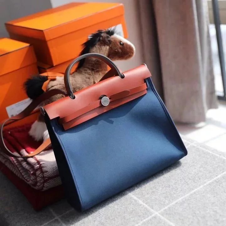 Hermes men's bag Top version 【H Handmade】Canvas Bag herbag31Canvas Stitching Leather One Shoulder Women's Crossbody Handbag Elephant Gray Electric Light Blue