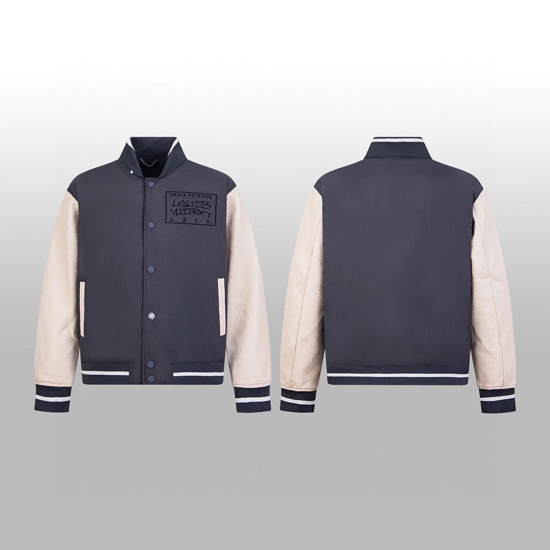 Louis Vuitton LV Down Jacket Embossed Cowhide Stitched Snap Button Leather Down Jacket Color Block Jacket Coat Unisex Autumn Winter New Sports Casual Loose Versatile