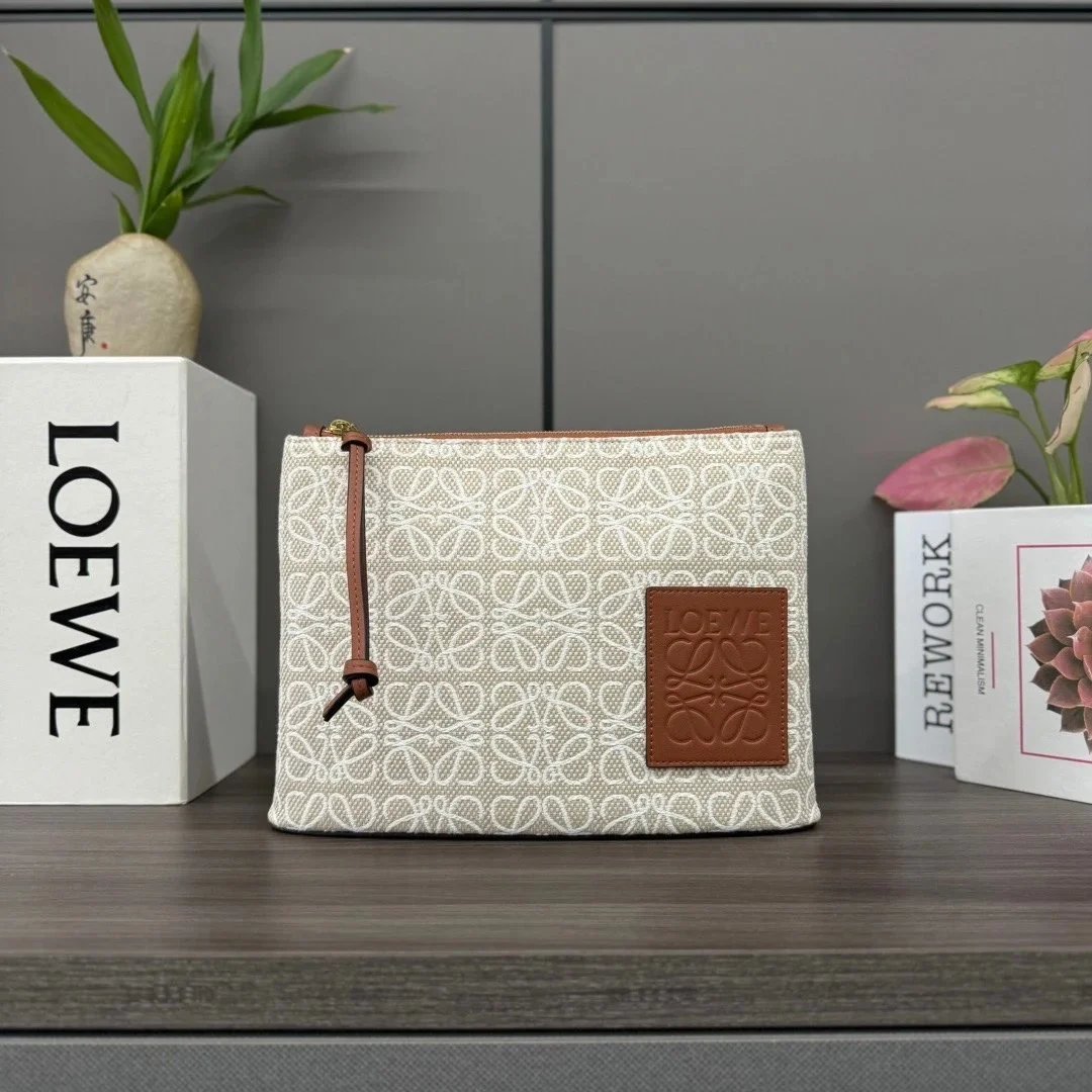 LOEWE Men's Bag Top version 【Original Leather Version】New Jacquard Canvas Clutch for Men and Women Anagram Figured Cloth and Cow Leather Rectangular Small Bag Mobile Phone Bag Storage Bag Handbag