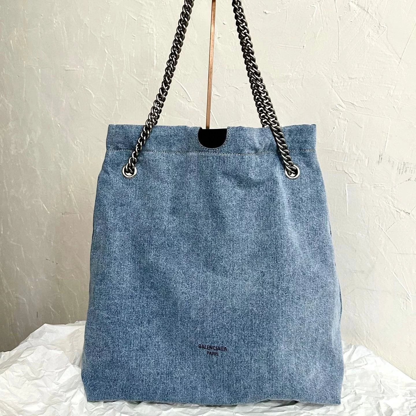 Balenciaga Bag Top version 【Overseas Surrogate Shopping】2024New Denim Blue Crush Garbage Bag Chain Bag Small Size Large Size Shoulder Messenger Bag Double Chain Underarm Bag Portable Women's Bag
