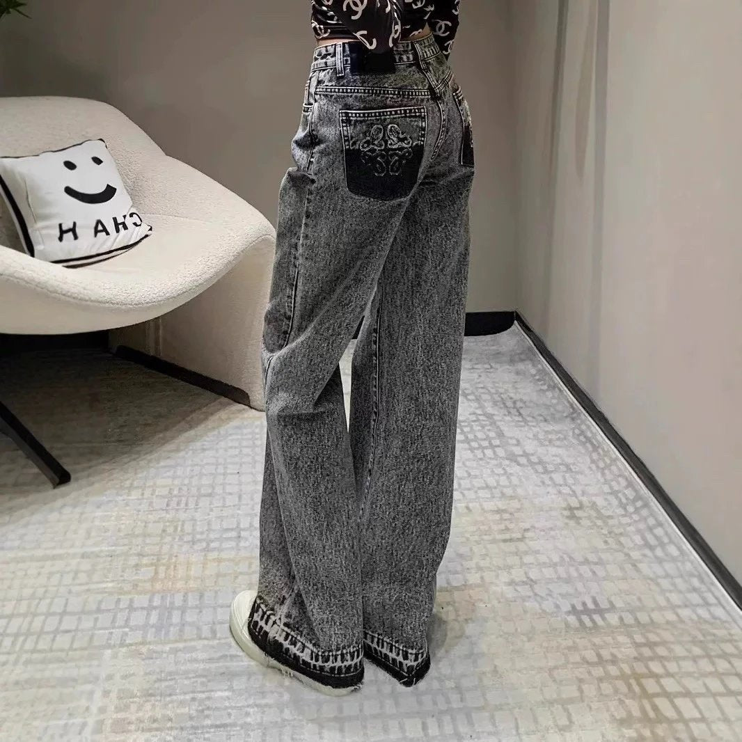 LOEWE Jeans Mid-High Waist Snowflake Gray Straight Leg Jeans for Women Versatile Casual