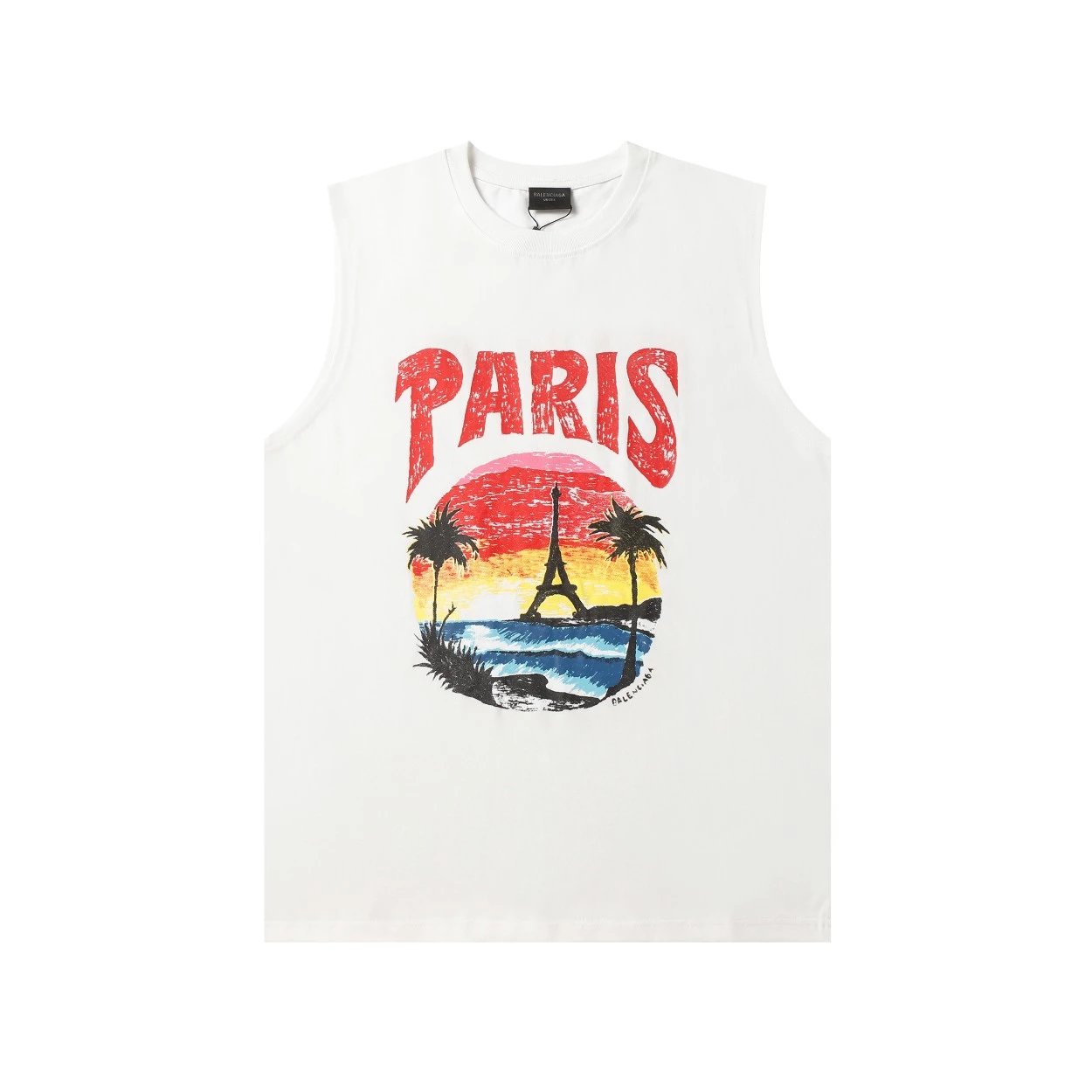Balenciaga T-shirt Coconut Tree Print on the Chest logo Sleeveless Short Sleeve Sleeveless Vest25ss New Pure Cotton Unisex Base Shirt Top Half Sleeve T T-shirt OS Loose Fit T-Shirt