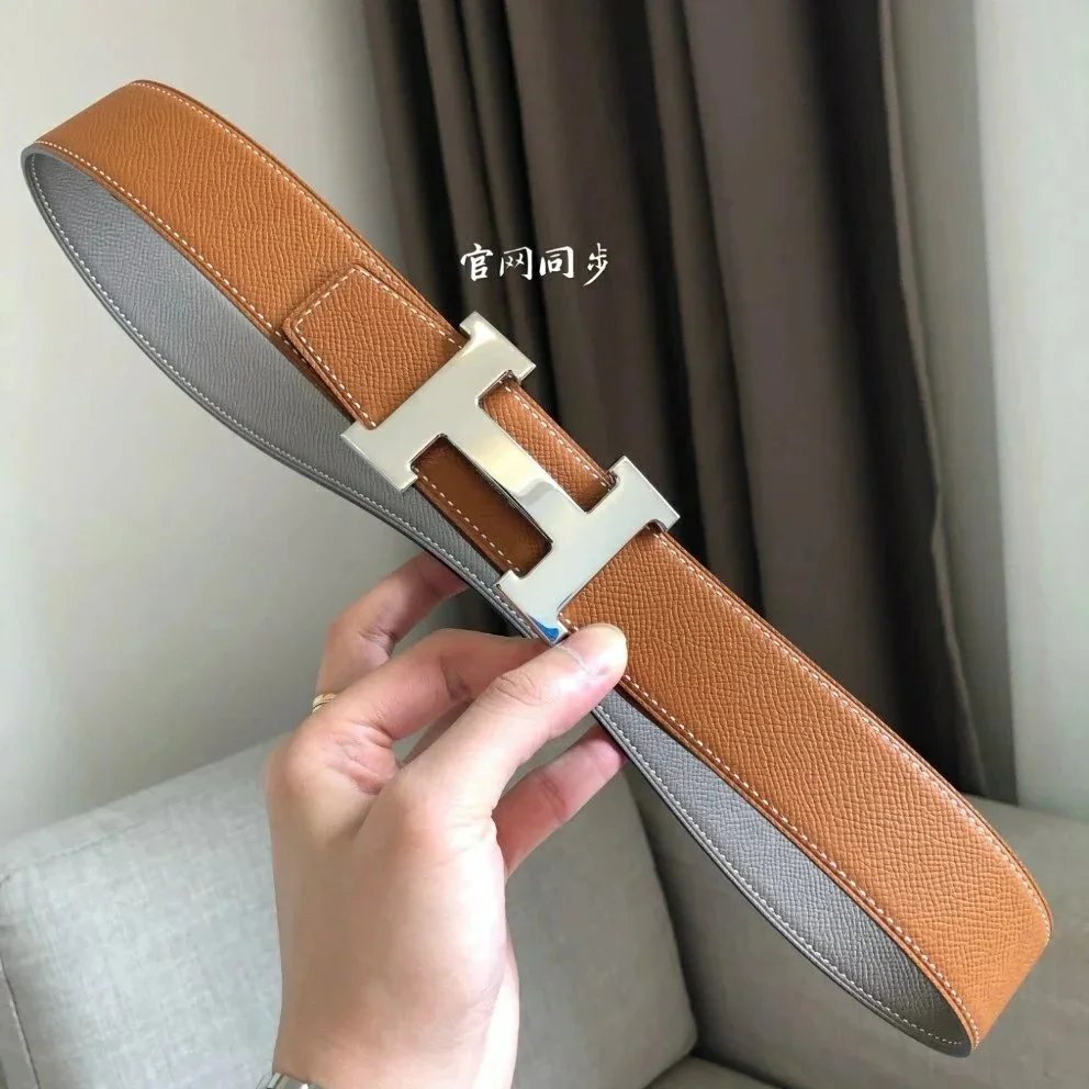 Hermes Belt Top version 【High Quality in Stock】New First Layer Cowhide Belt Men's and Women's H Buckle Business Casual Double-Sided Available Belt