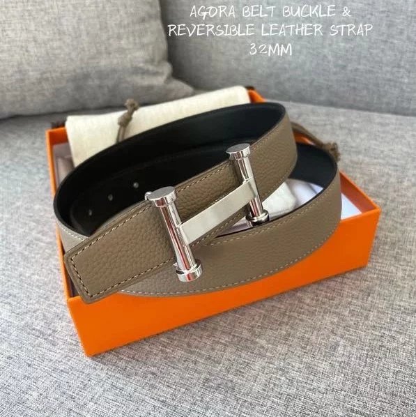 Hermes Belt Top version 【New products in stock】Genuine Leather Belt Business Casual Men and Women H Buckle Belt Double-Sided Available Pant Belt32mm