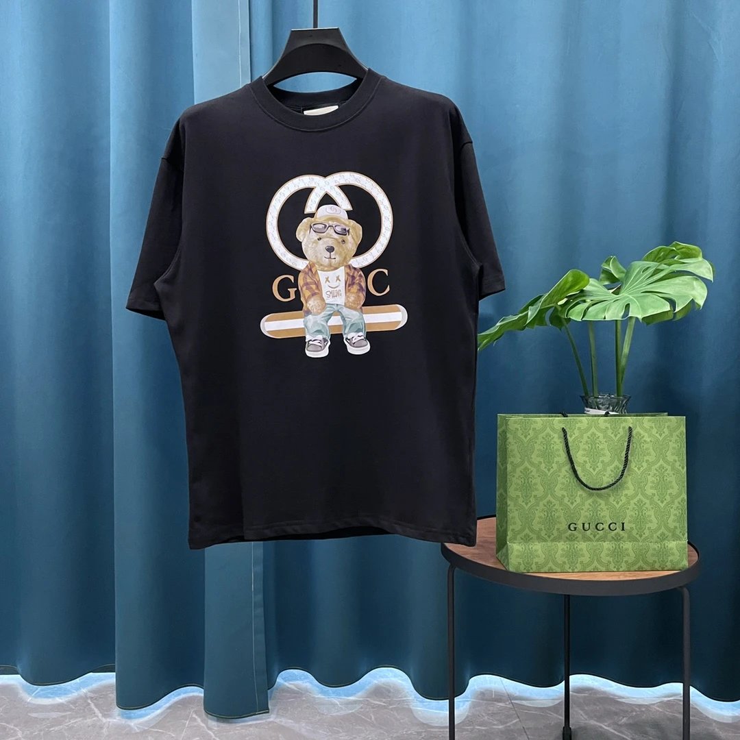 Gucci T-shirt Bear Print on the Chest logo round Neck Short Sleeve25ss New Pure Cotton Unisex Style T T-shirt OS Loose Fit Base Shirt Casual Top Short Sleeve T-Shirt