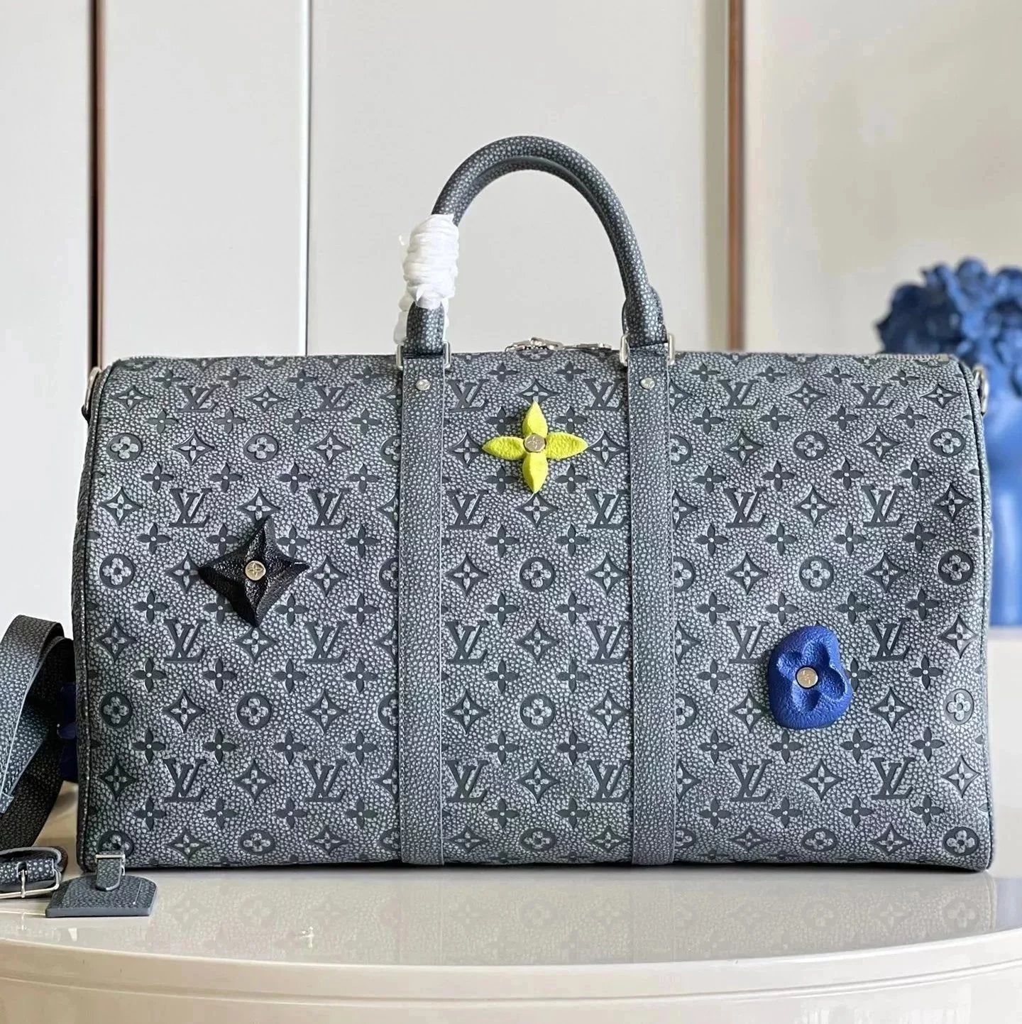 Louis Vuitton LV Travel Bag Top version 【Highest Quality】2022New M20901Gray White Full Leather Rock Climbing Travel Bag Series KEEPALL50Travel Bag Luggage Bag Men's Women's Universal Travel Bag Floral Rock Climbing Full Leather Luggage Bag