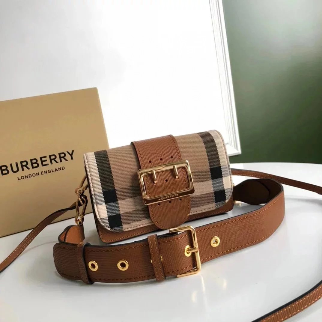 Burberry Women's Bag Top version bucklehouse Women's Bag Plaid Turn-Lock Clasp Bag Plaid Leather Patchwork File Holder Shoulder Bag Messenger Bag Double-Shoulder Strap Underarm Bag