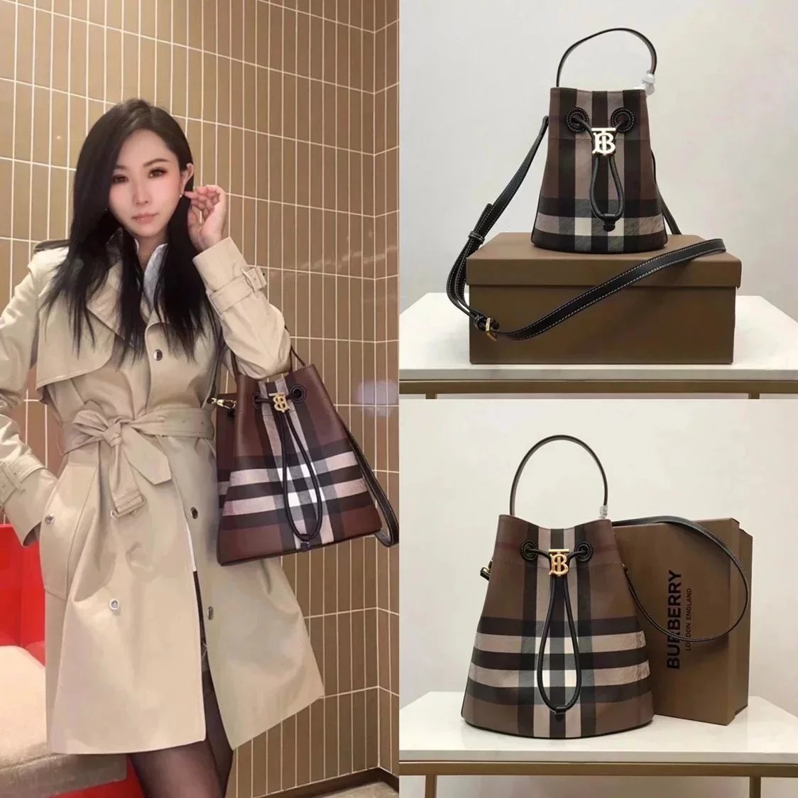 Burberry Women's Bag Top version 【Original Leather】New Babaojia Drawstring Bucket Bag Decorative Plaid with Italian Tanned Leather Trim and TB Exclusive Logo New Bucket Bag Handbag Crossbody Bag
