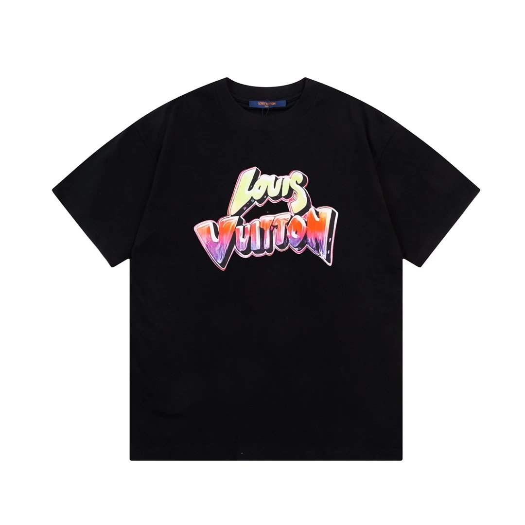 Louis Vuitton LV T-shirt Gradient Graffiti Letter Print on the Chest logo round Neck Short Sleeve25ss New Pure Cotton Unisex Style T T-shirt OS Loose Fit Base Shirt Half Sleeve T-Shirt Top Half Sleeve
