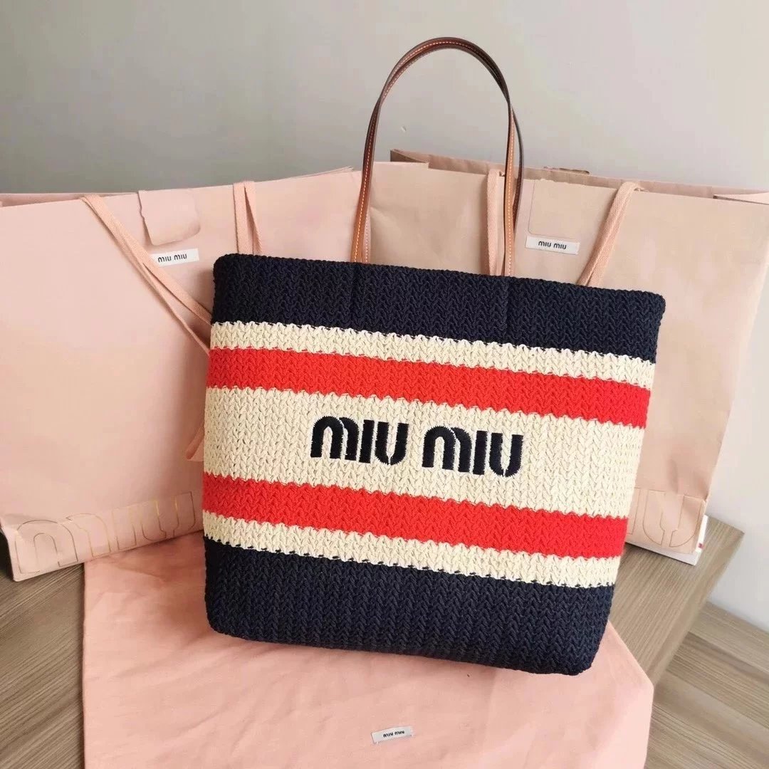 Miu Miu Bag Top version 【Original Custom】New Product Import Lafite Straw Woven Cotton Woven Tote Bag Beach Bag Shopping Bag Mother Bag Woven Bag5BG228The Only Pair of Quality Front Iconic Embroidery in the Market,Extra Light Capacity Super Large Mummy Bag