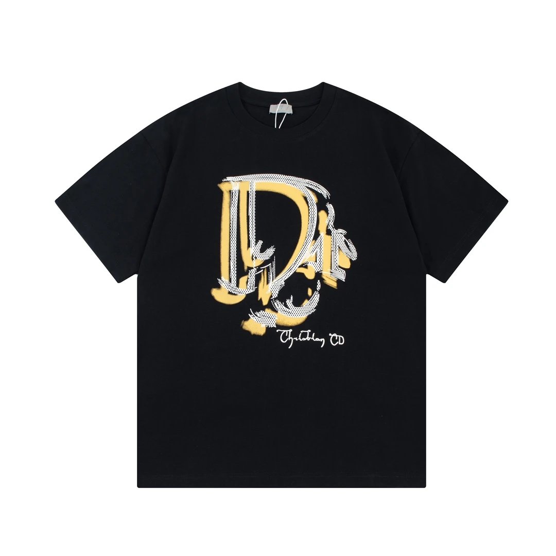 Dior T-shirt Front Yellow Label Graffiti Ink Splash Print logo round Neck Short Sleeve25ss New Pure Cotton Unisex Style T T-shirt OS Loose Fit Base Shirt Top Half Sleeve T-Shirt
