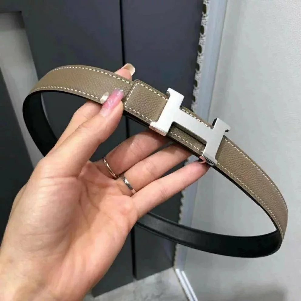 Hermes Belt Top version High Quality Women's Belt First Layer Calfskin Double-Sided Letters h Buckle Casual All-Match Belt2.4cm