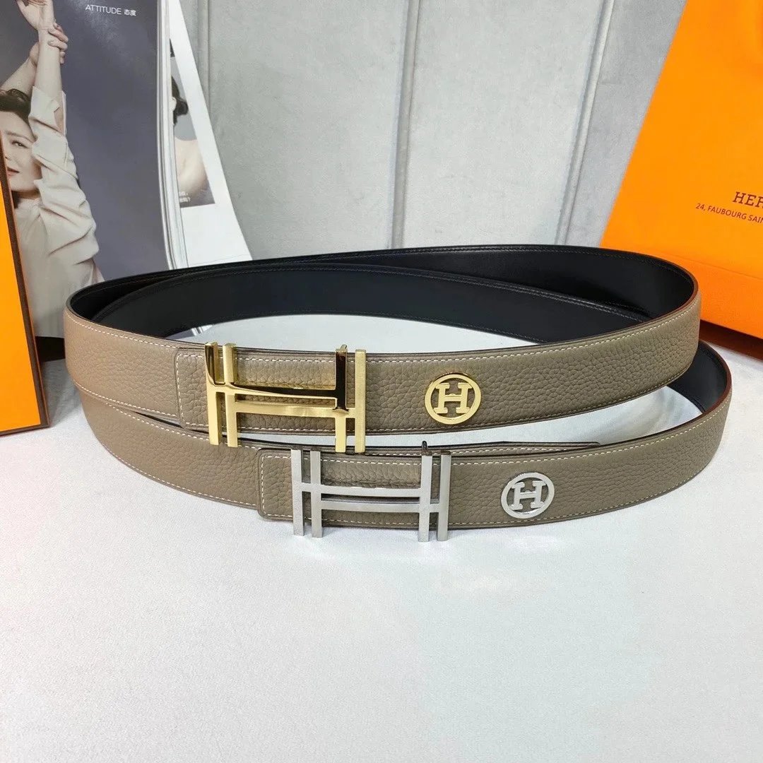 Hermes Belt Top version Men's Women's Belt Genuine Leather Double-Sided Belt Italy Imported First Layer Cowhide Leather Pure Steel Buckle h Home Unisex3.8cm Wide