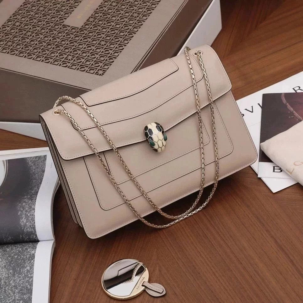 BVLGARI Bag Top version SerpentiForever Milk Tea Handbag Cowhide Bag Decorated with a Snake's Head File Holder Chain Bag Portable Shoulder Messenger Bag Women's Bag