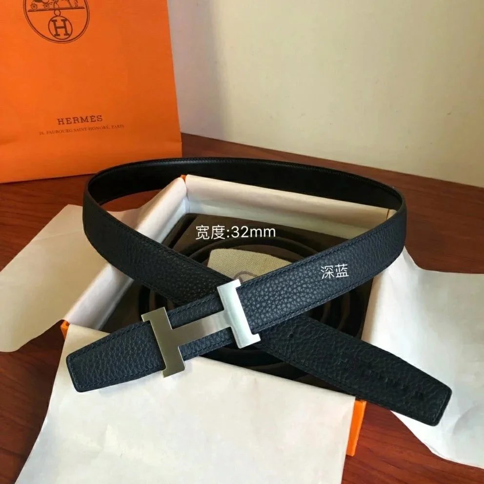 Hermes Belt Top version Men's Leather Belt Genuine Leather Casual Versatile Business Casual Belt Litchi Grain Cowhide Double-Sided Belt3.2cm