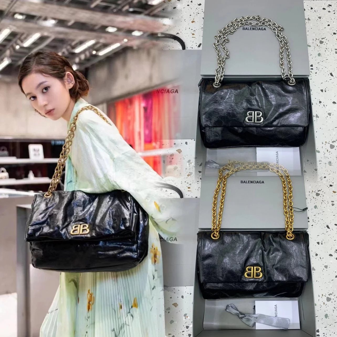 Balenciaga Bag Top version 【Original Leather Surrogate Shopping Quality】Monaco Series Oil Wax Leather Chain Bag Super Soft Crack Calfskin Shoulder Bag Black Gold Black Silver Chain Bag Underarm Bag Large Tote Bag New Women's Bag Cloud Bag