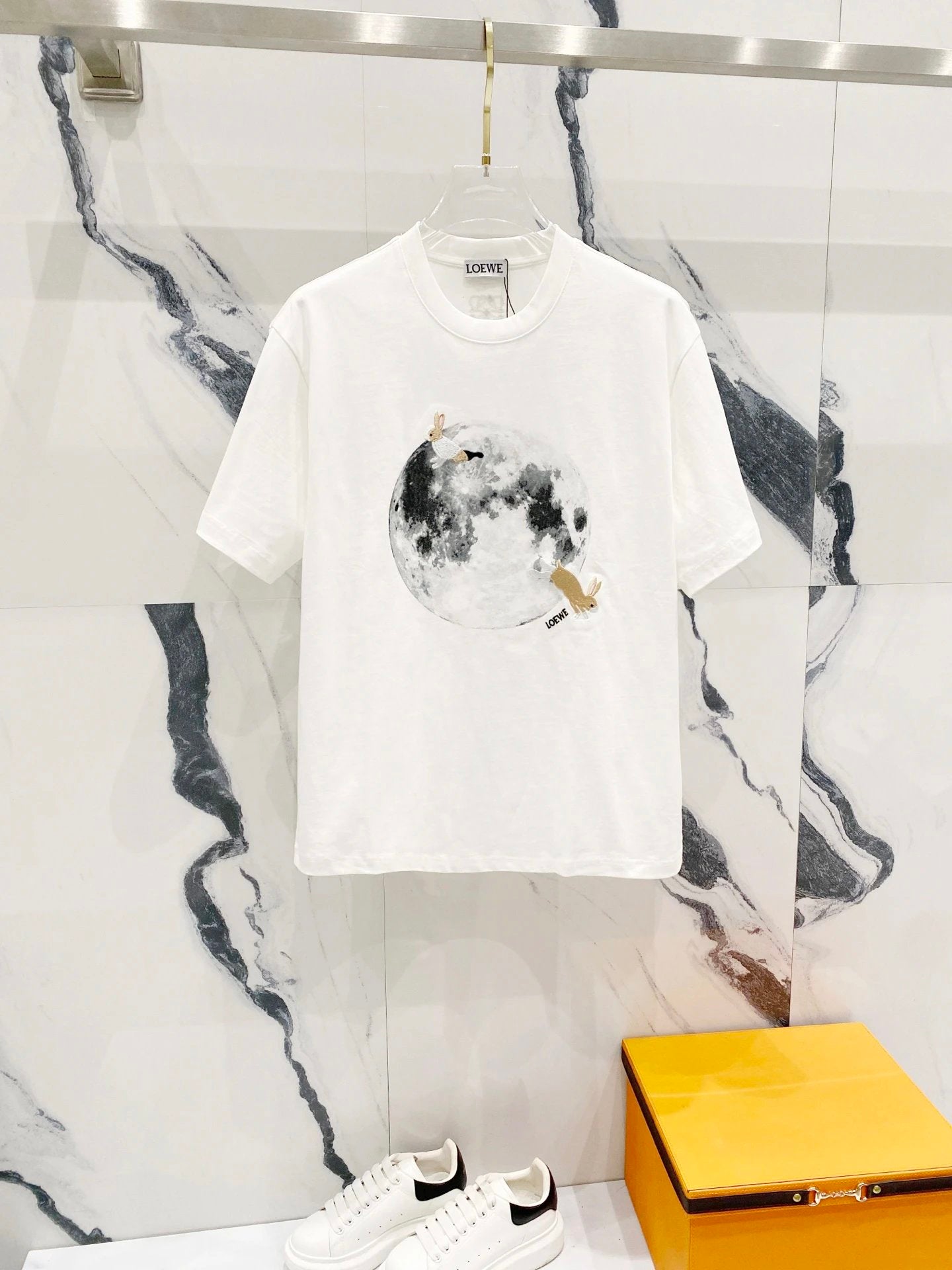 LOEWE T-shirt Chest Print Moon with Double Bunny Embroidery logo round Neck Short Sleeve25ss New Pure Cotton Unisex Style T Casual T-Shirt Base Layer Shirt OS Loose Fit Half Sleeve Top Plus Size