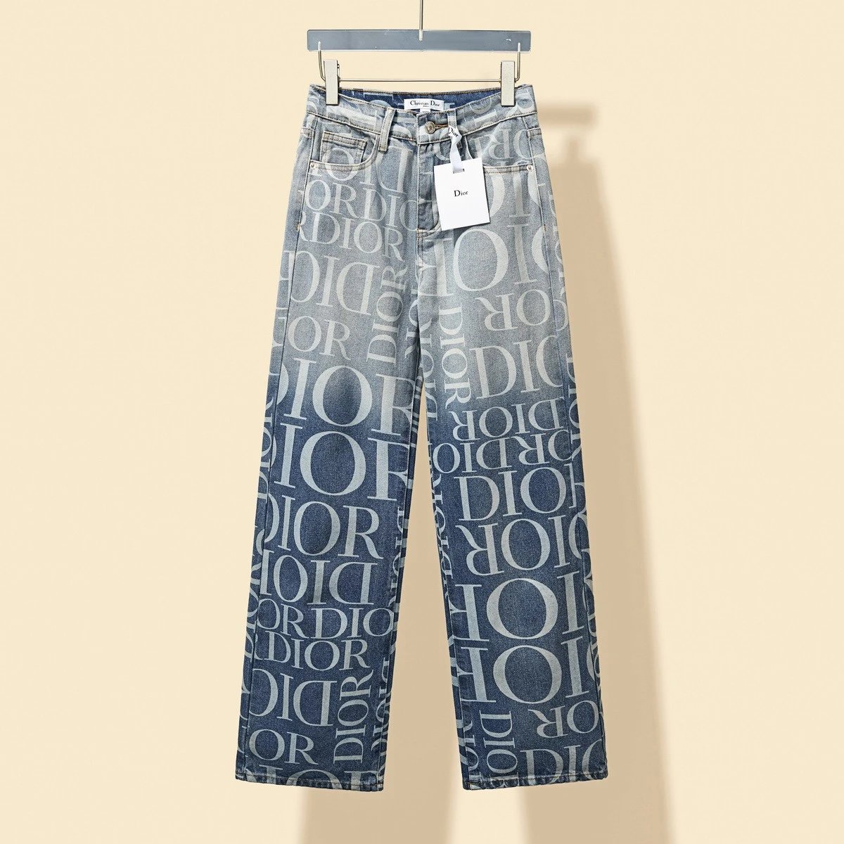 Dior Jeans 24Autumn Winter New Gradient Washed Full Letter Print logo Women's Straight Leg Jeans Casual Versatile