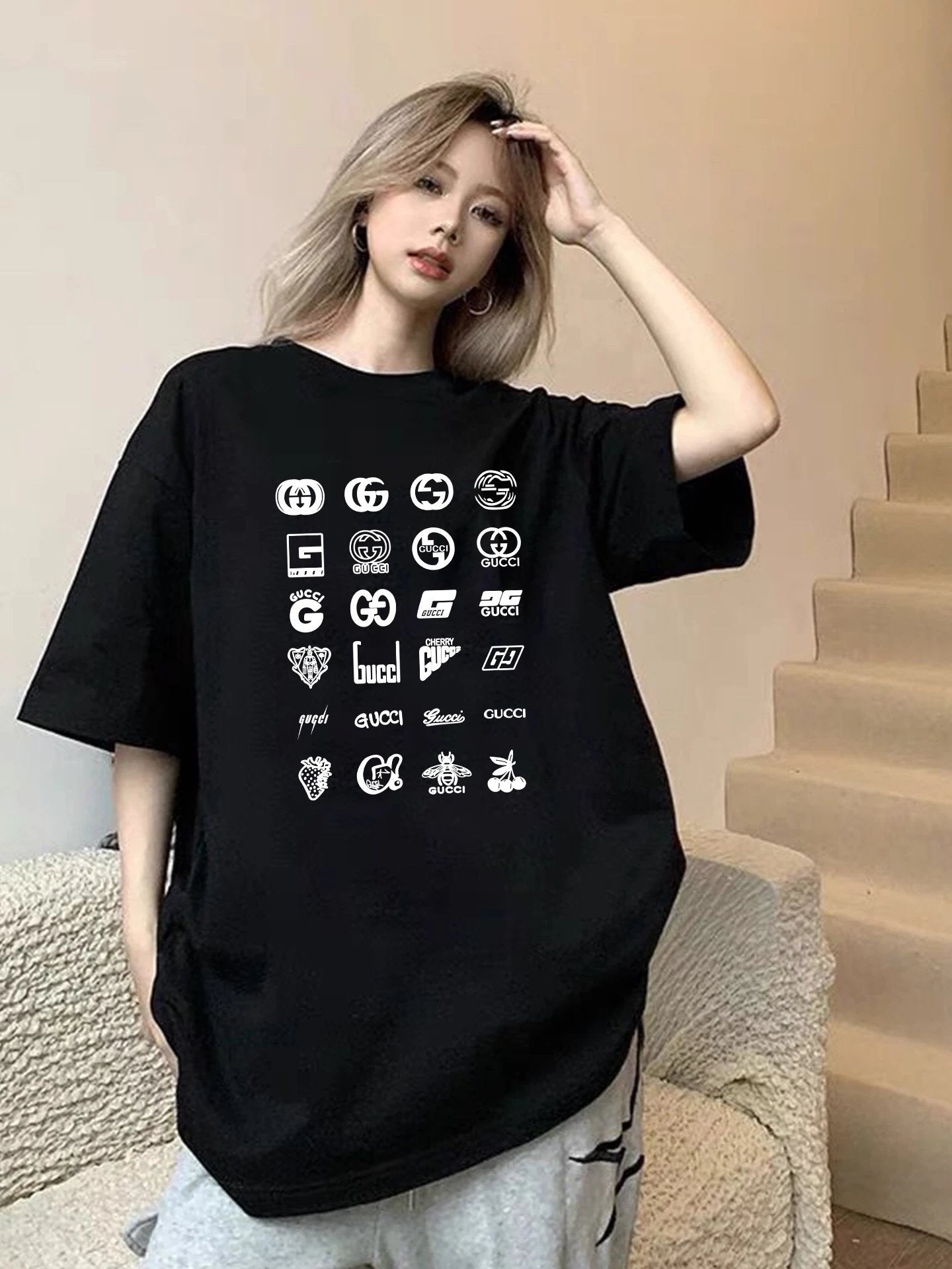 Gucci T-shirt Full Print logo round Neck Short Sleeve25ss New pure cotton T Unisex T-Shirt OS Loose Fit Base Shirt Top Half Sleeve T-Shirt