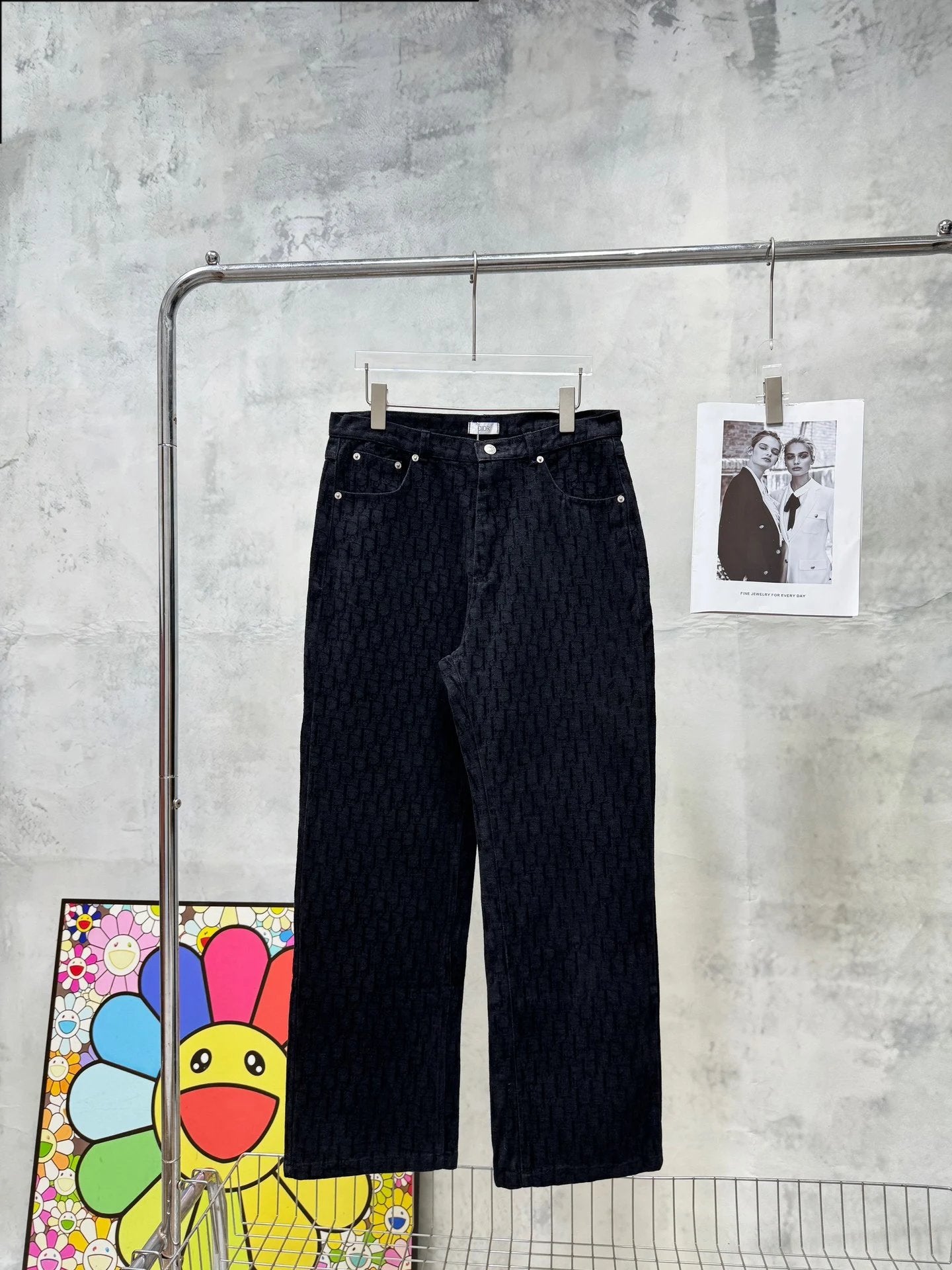 Dior Jeans Full Print Flocking Dark Pattern Straight Leg Jeans Casual Wide Leg Pants Slim Fit High Waist Long Pants Unisex24ss Autumn and Winter New Products