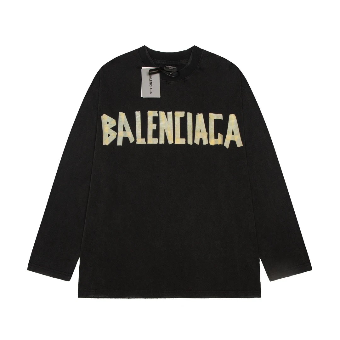 Balenciaga Hoodie Yellow Tape Frayed Washed Vintage Distressed Crewneck Sweatshirt Crewneck Sweatshirt Long Sleeve Base Shirt Outerwear Trendy Unisex Sports Casual OS Loose Fit Versatile New Autumn Winter Collection