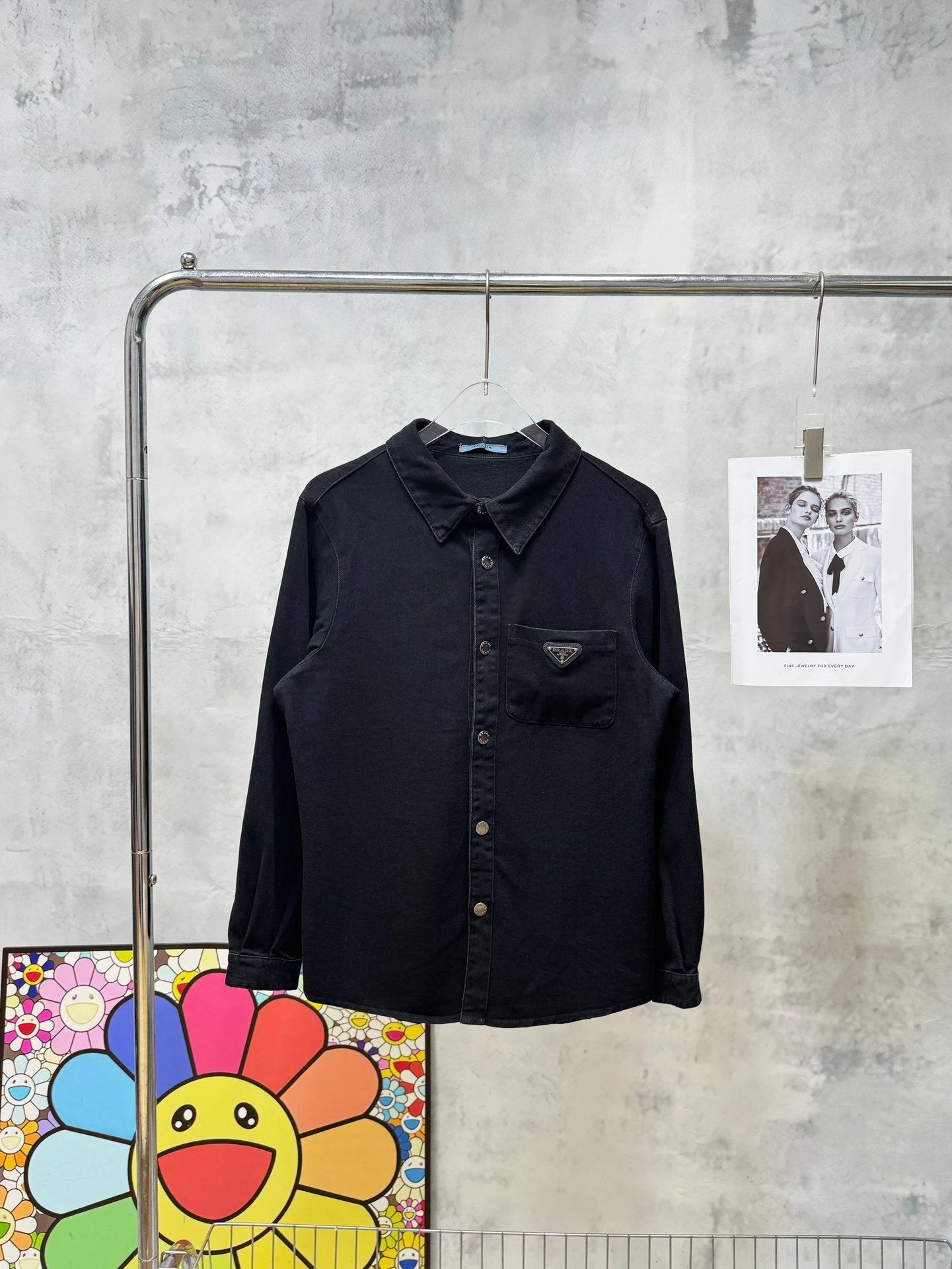 PRADA Jackets Pocket Small Logo Washed Jacket350100% Cotton Denim Lapel Long Sleeve Shirt Jacket Men's Casual Loose Versatile Shirt Cardigan os Version24ss Autumn and Winter New Products