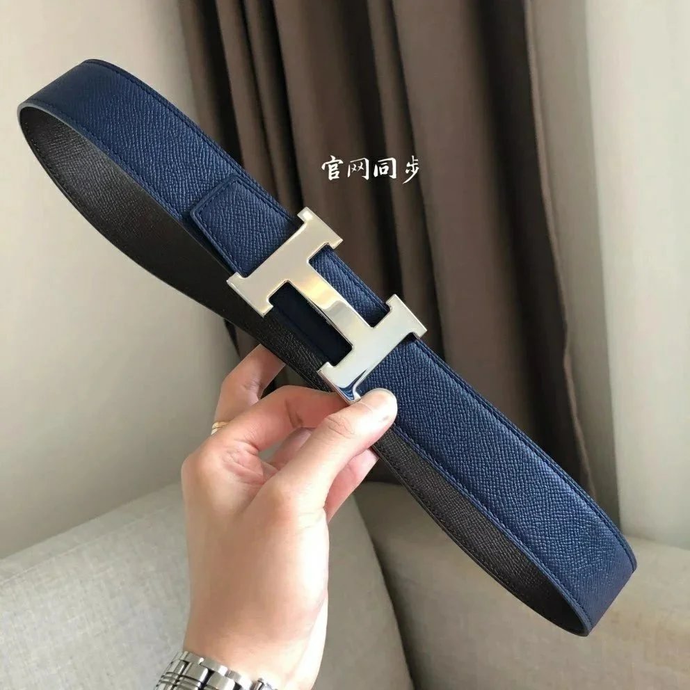 Hermes Belt Top version 【High Quality in Stock】New First Layer Cowhide Belt Men's and Women's H Buckle Business Casual Double-Sided Available Belt