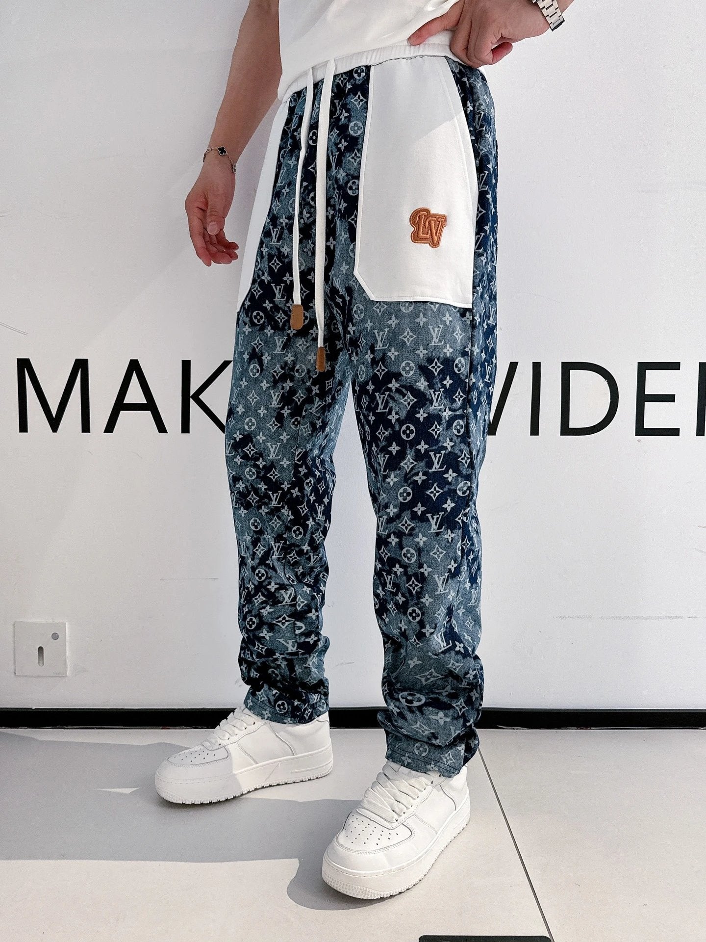 Louis Vuitton LV Jeans Jacquard Denim Patchwork Color Block Straight Washed Blue Jeans Autumn Winter New Unisex Loose Casual Wide Leg High Waist Pants